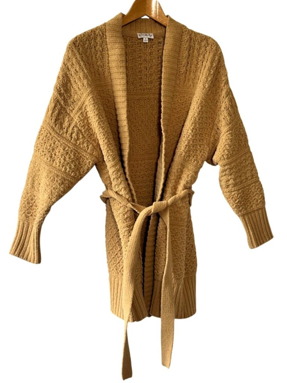 Wonderly Knit Cardigan Sweater With Belted Waist In Tan - Small